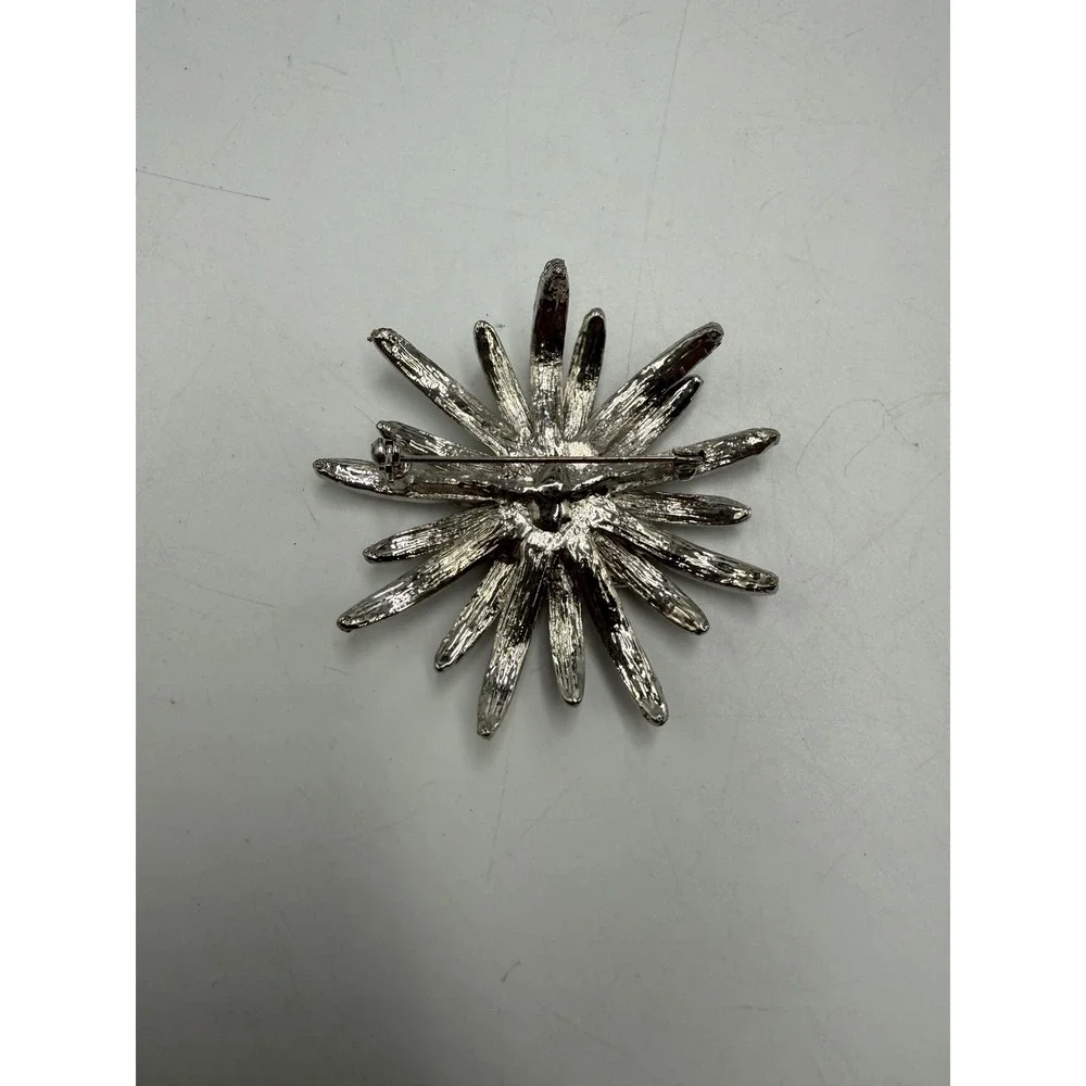 Vintage Silver Tone Starburst Brooch Rhinestone Sunburst Statement Pin Large